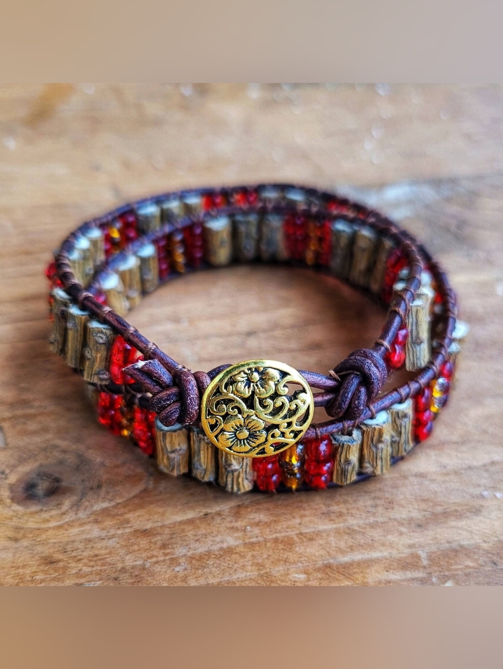 Handmade Pine Protection Wrap Bracelet - Boho Leather Style